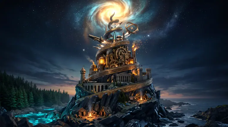 A towering spiral monument rising from glowing tide-pools and stone campfires through industrial foundries to starships launching into space.