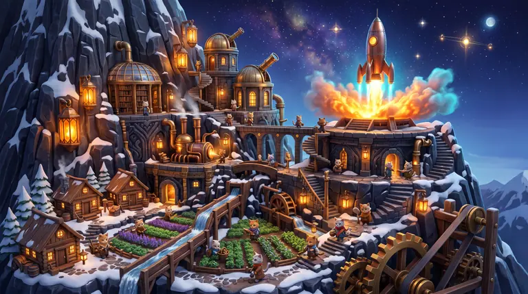 A terraced mountainside feline settlement rising from timber huts and aqueducts to brass observatories and a launching space rocket.