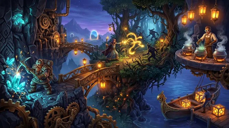 Four specialist adventurers simultaneously mining glowing crystal, casting spells at monsters, brewing potions, and loading a boat across connected biomes.
