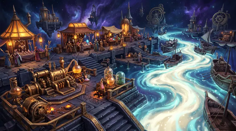A floating brass workshop and lantern-lit market suspended along a glowing galactic nebula river with alchemy stills and armor stalls.