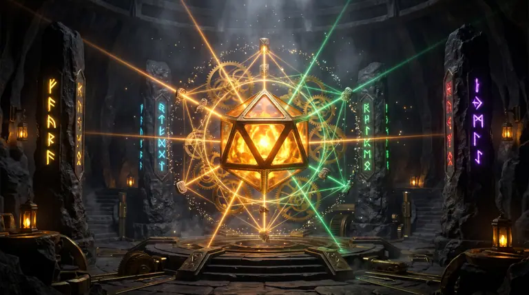 Five glowing rune pillars and carved stone talismans surrounding a central amber prism connected by interlocking beams of golden and emerald light.