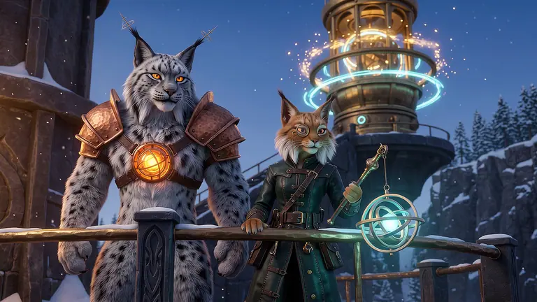 Lynxor Vael and Lanterra Korr standing on a basalt and brass observatory bridge before a colossal glowing lantern-engine in the boreal twilight.