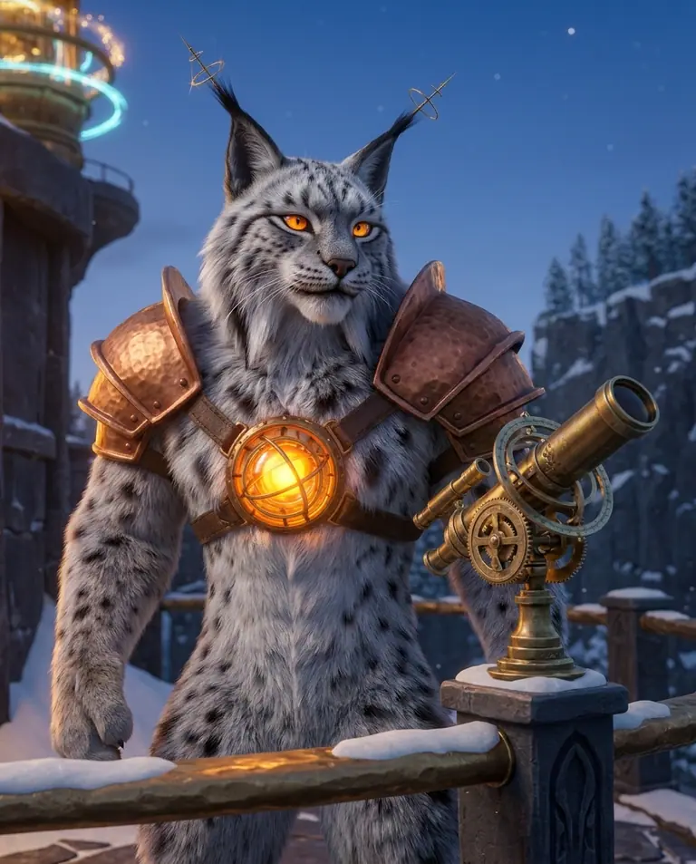 Waist-up portrait of Lynxor Vael beside a brass telescope on a snowy basalt parapet at twilight.